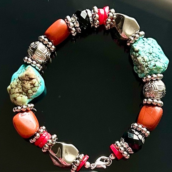 Turquoise and Carnelian Nuggets with Coral Colored Heishi Beads and Black Glass - Picture 4 of 8